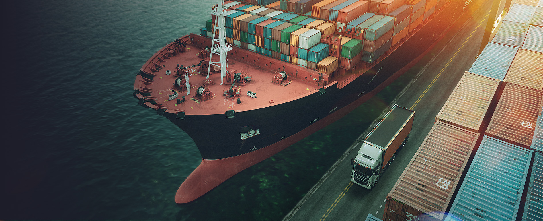 Container ship loaded with cargo at port
