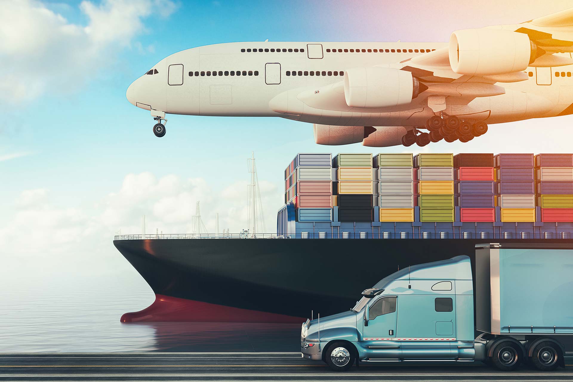 Truck, cargo ship and plane